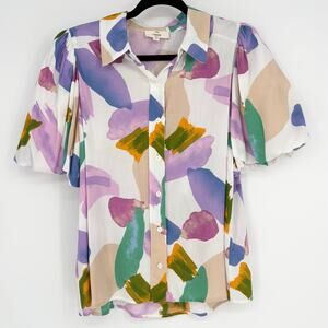Entro Watercolor Brush Stroke Button-Down Rayon Collared Shirt Size S